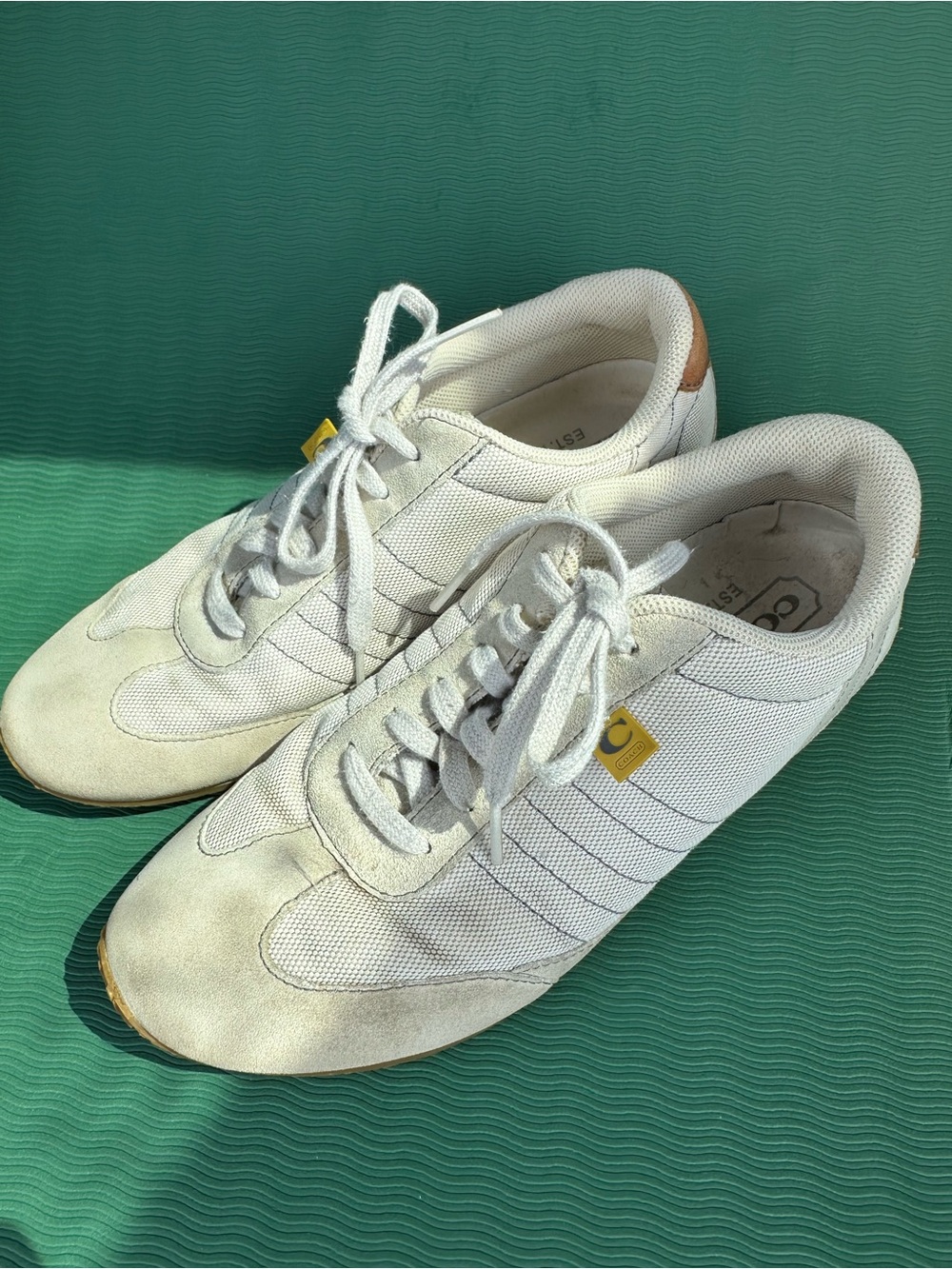Coach Cream Suede and Mesh Sneaker with Tan Leather Logo Patch 8.5